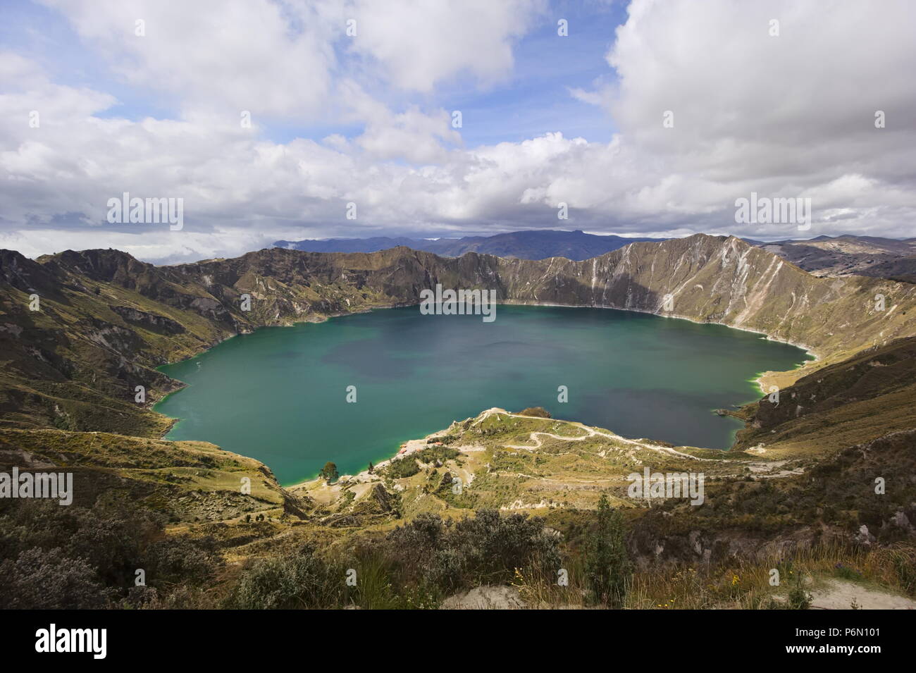 Panoramic view of volcanic Quilotoa lagoon, Ecuador, South America, Andean highlands Stock Photo