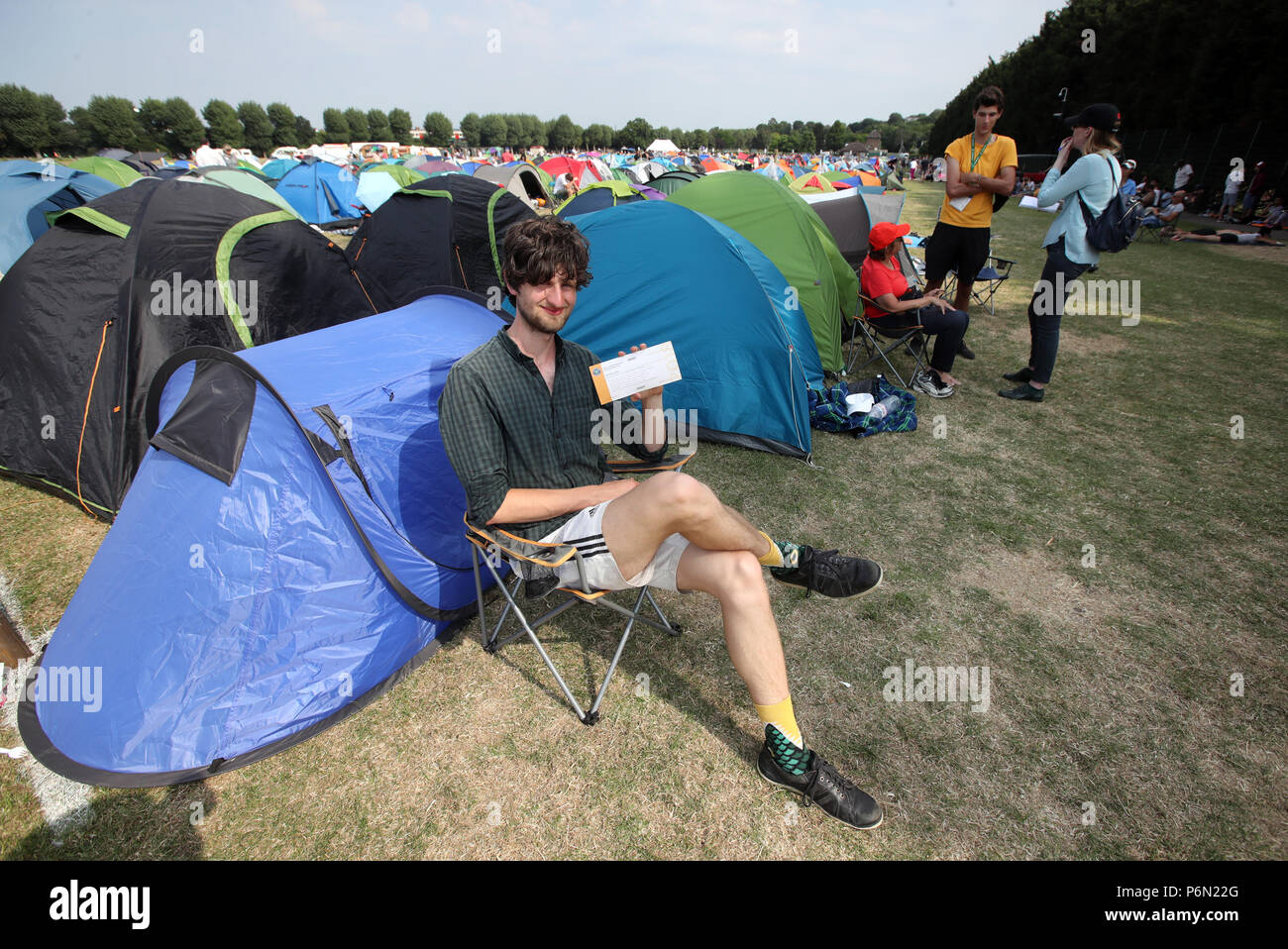 Darius Platt-Vowles from Gloucestershire is first in the queue ahead of the 2018 Wimbledon Championships at The All England Lawn tennis and Croquet Club, Wimbledon.at the All England Lawn tennis and Croquet Club, Wimbledon. Stock Photo