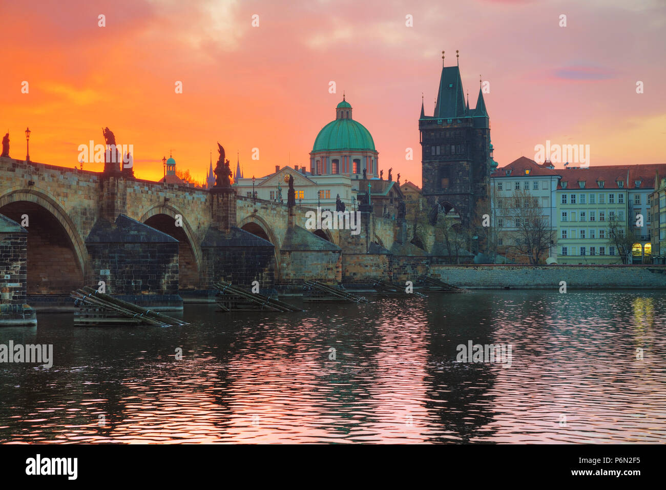 The Old Town with Charles bridge in Prague in the morning Stock Photo