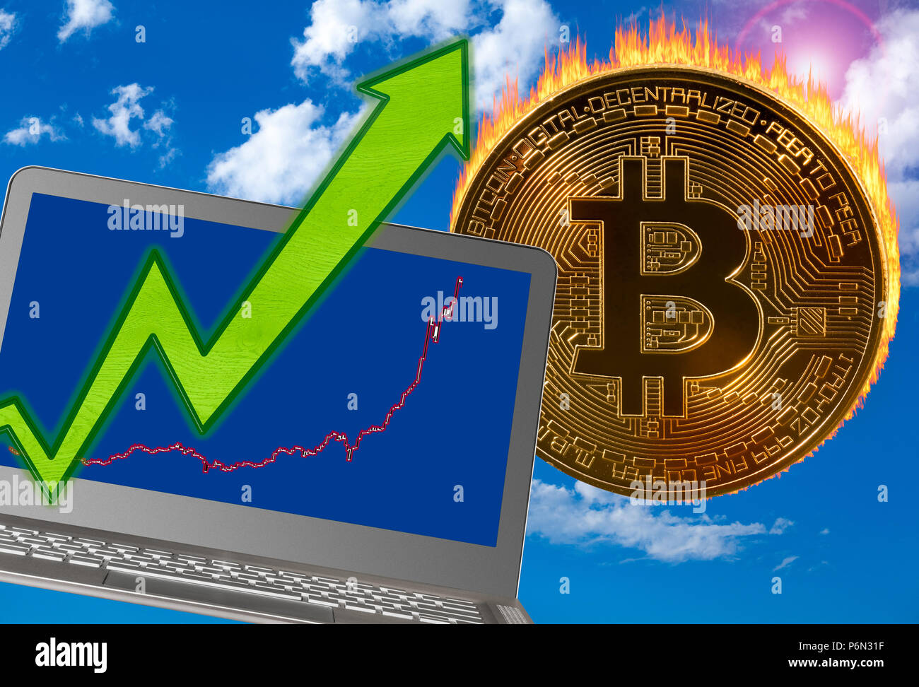 Bitcoin coin in flames as price increases Stock Photo