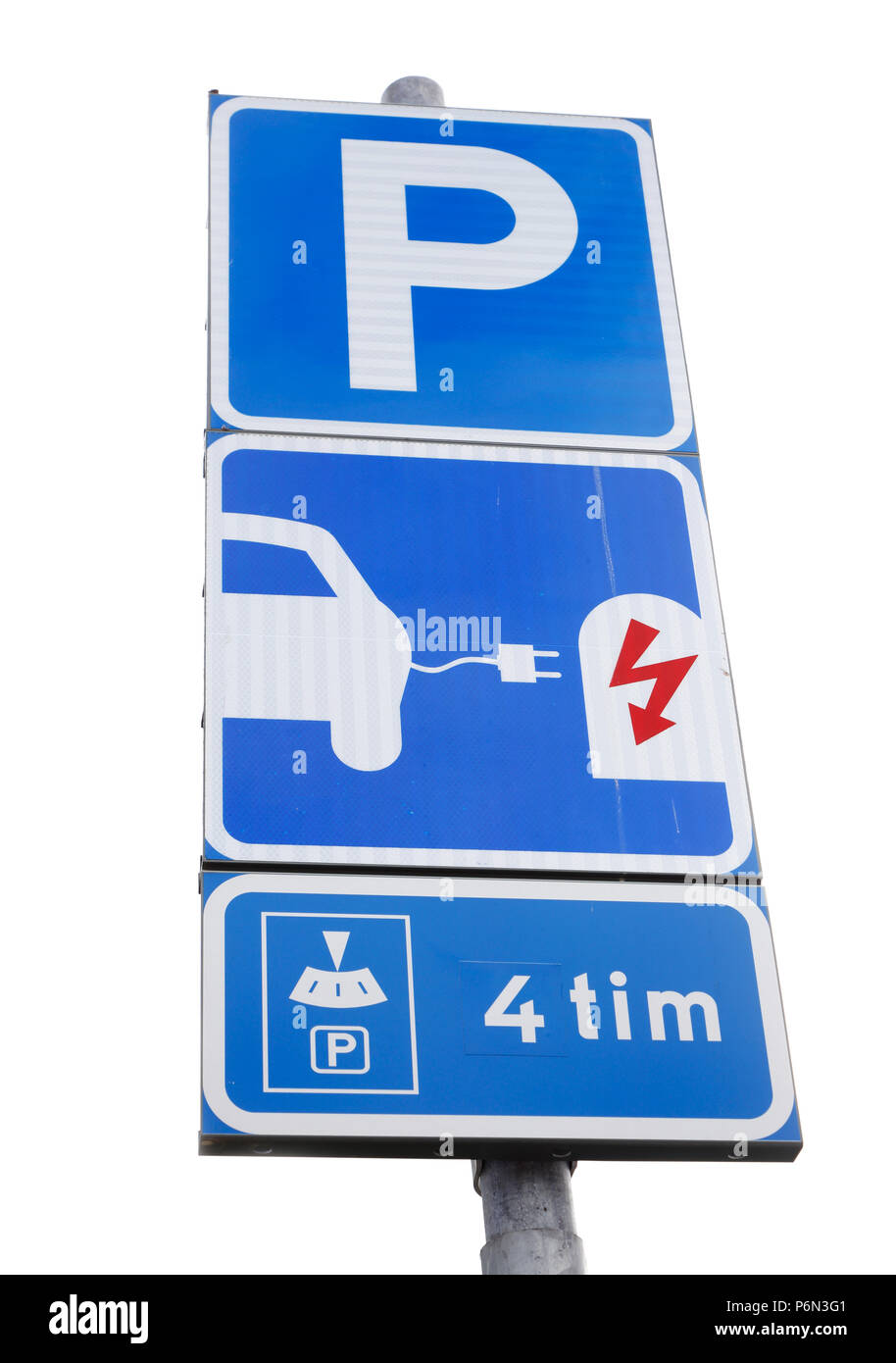 Swedish road sign at the parking lot intended for charging electric cars. Parking disc should be used to measure parking time of no more than four hou Stock Photo