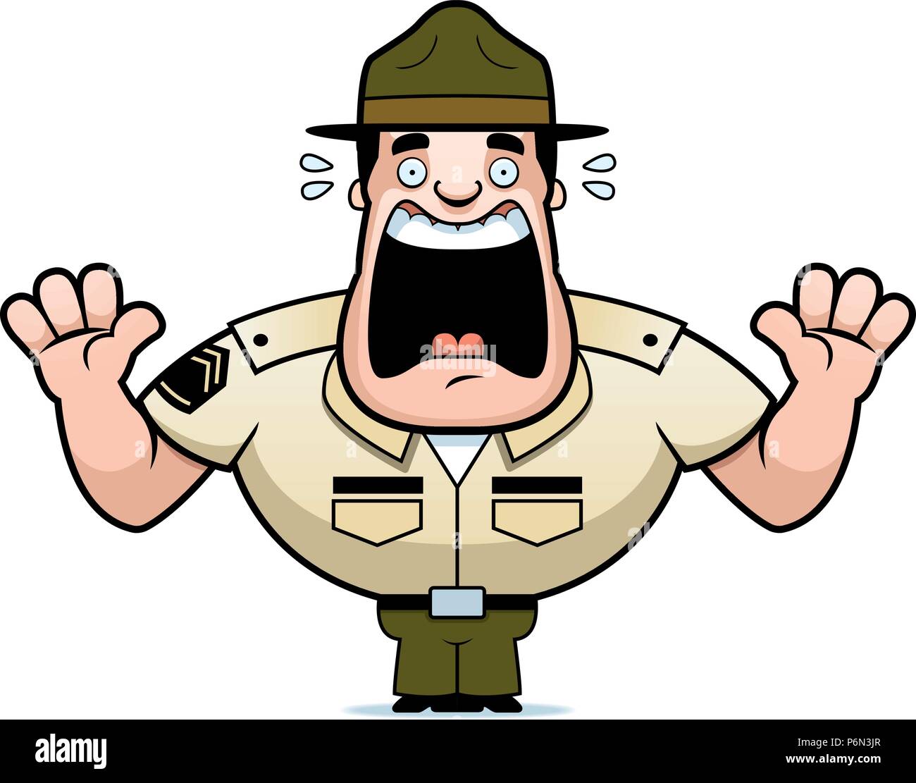 A cartoon illustration of a drill sergeant scared and screaming. Stock Vector