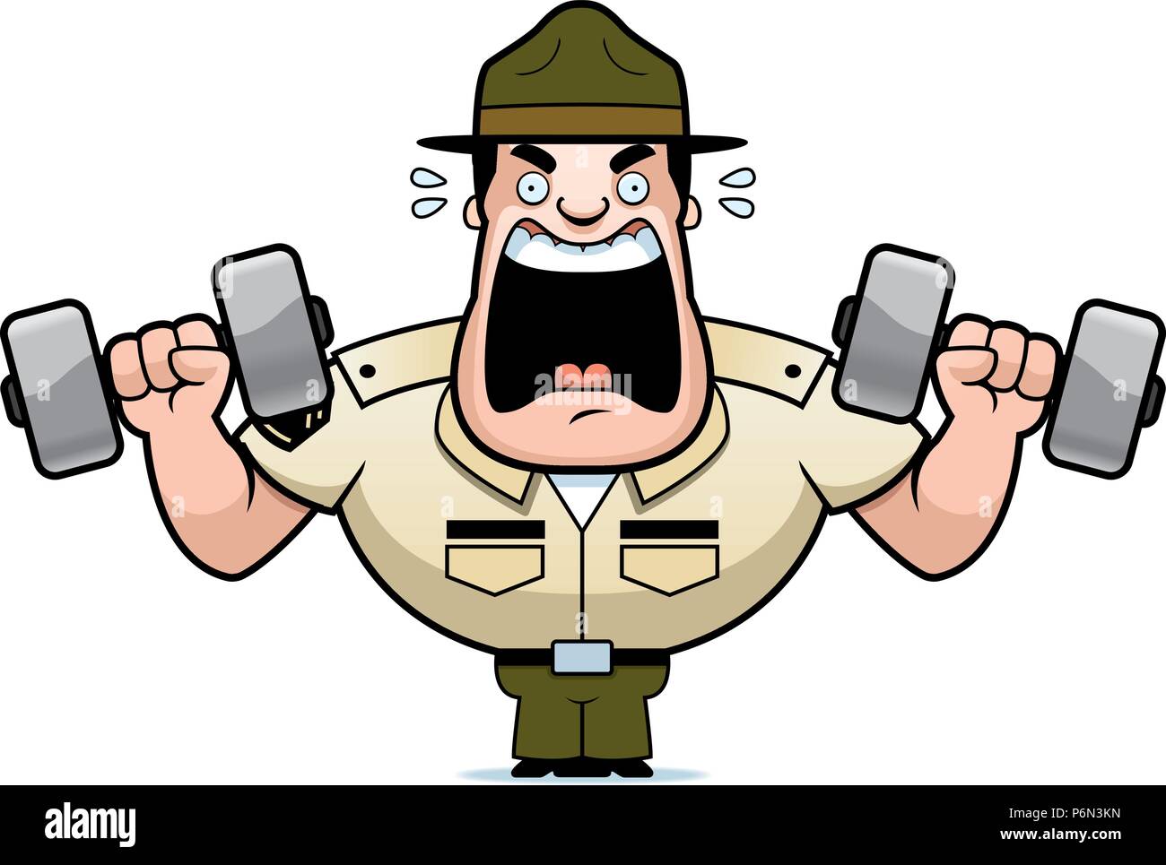 A cartoon illustration of a drill sergeant lifting weights. Stock Vector