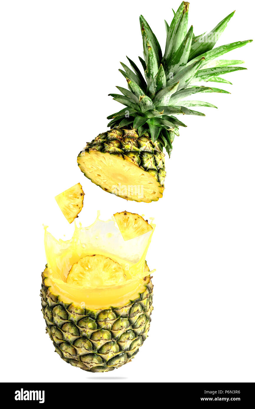 Pineapple fruit splash on white background, white isolated Stock Photo