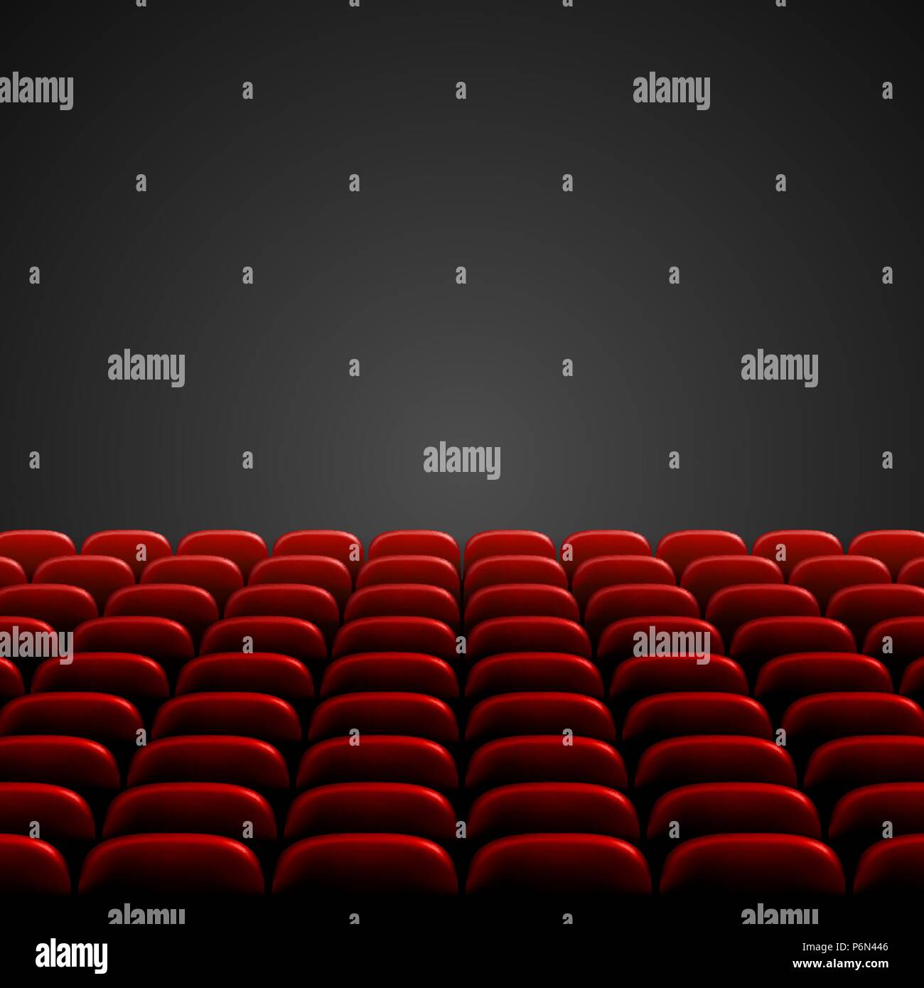 Rows of red cinema or theater seats in front of black blank screen. Wide empty movie theater auditorium with red seats. Vector illustration Stock Vector