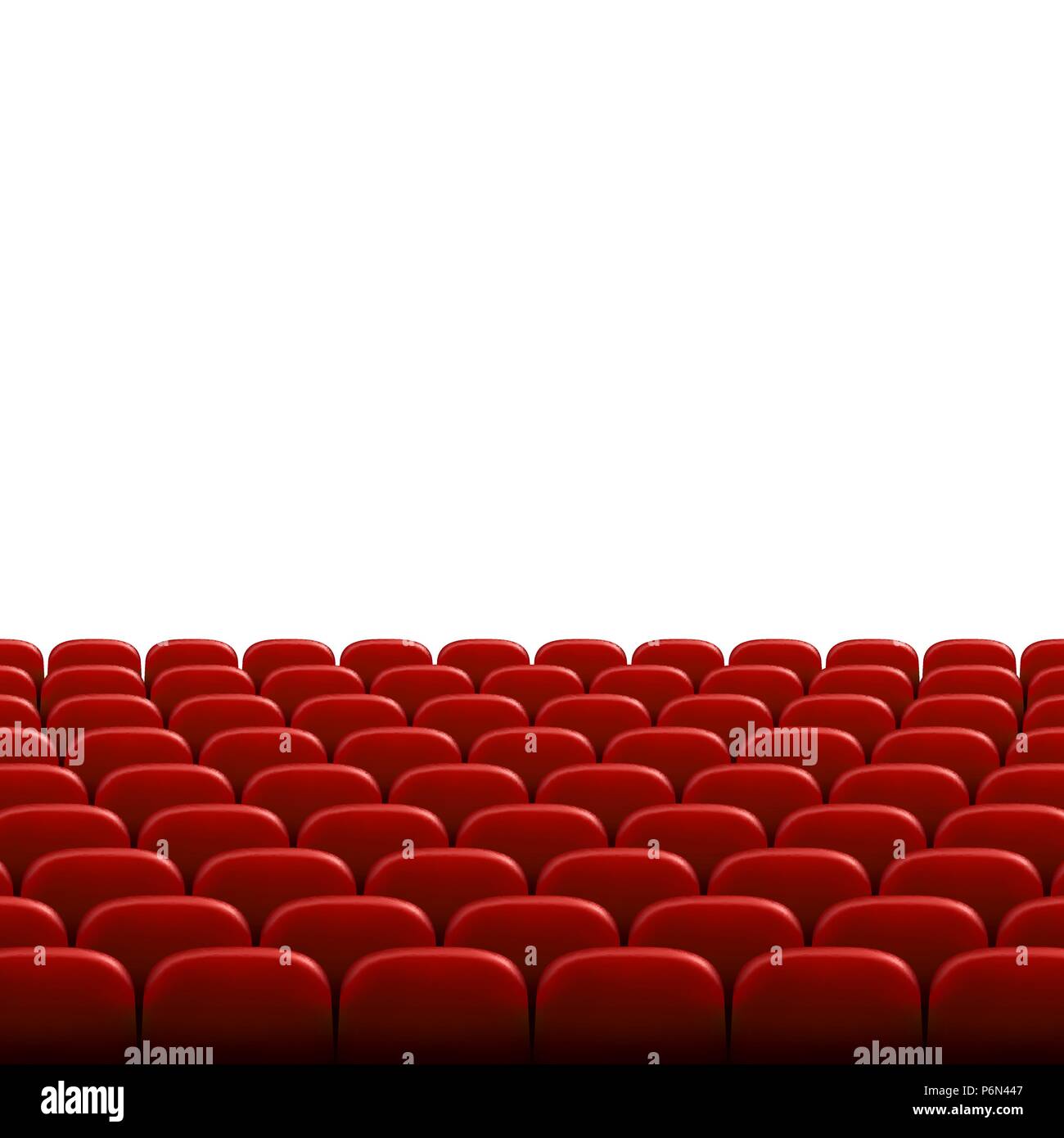 Rows of red cinema or theater seats in front of white blank screen. Wide empty movie theater auditorium with red seats. Vector illustration Stock Vector