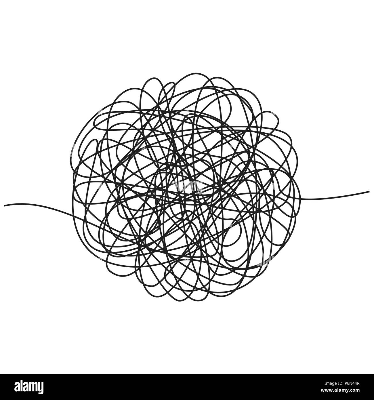 Hand drawn tangle of tangled thread. Sketch spherical abstract scribble shape. Chaotic black line doodle. Vector illustration isolated on white backgr Stock Vector