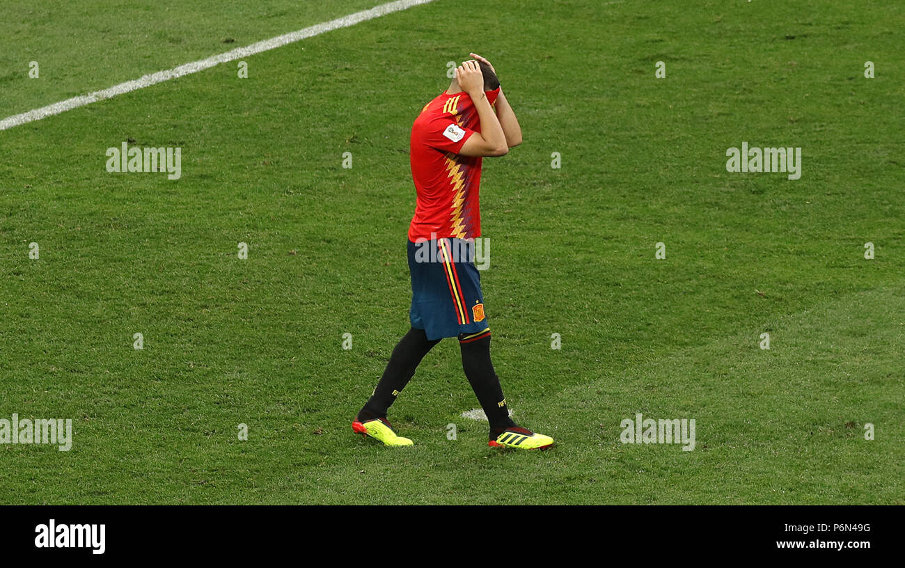 Spain's Koke after missing his penalty during the penalty shoot-out during the FIFA World Cup 2018, round of sixteen match at The Luzhniki Stadium, Moscow. Stock Photo