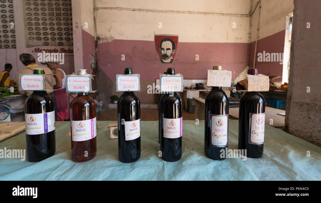 Bottled wines for sale by private vendor at the Mercado Industrial in Cienfuegos, Cuba. Stock Photo