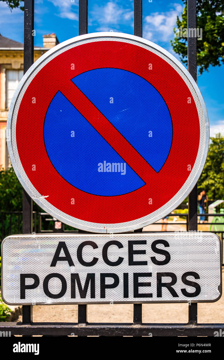 Fire Brigade access sign. Also known as Access for Pompiers only Stock