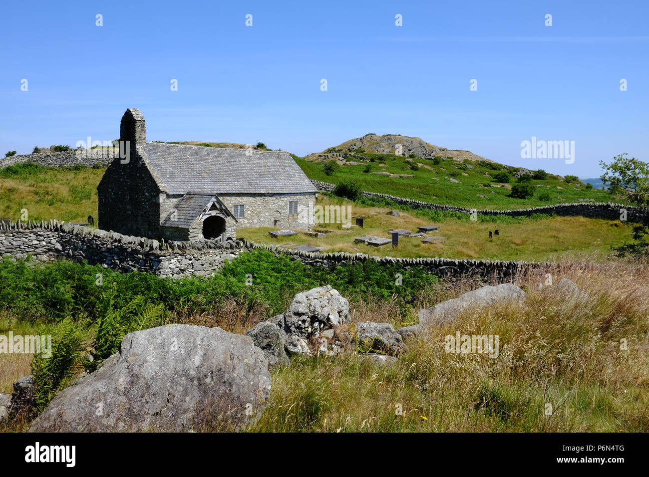 Llangelynin church, a remote medieval church above the Conwy valley in North Wales Stock Photo