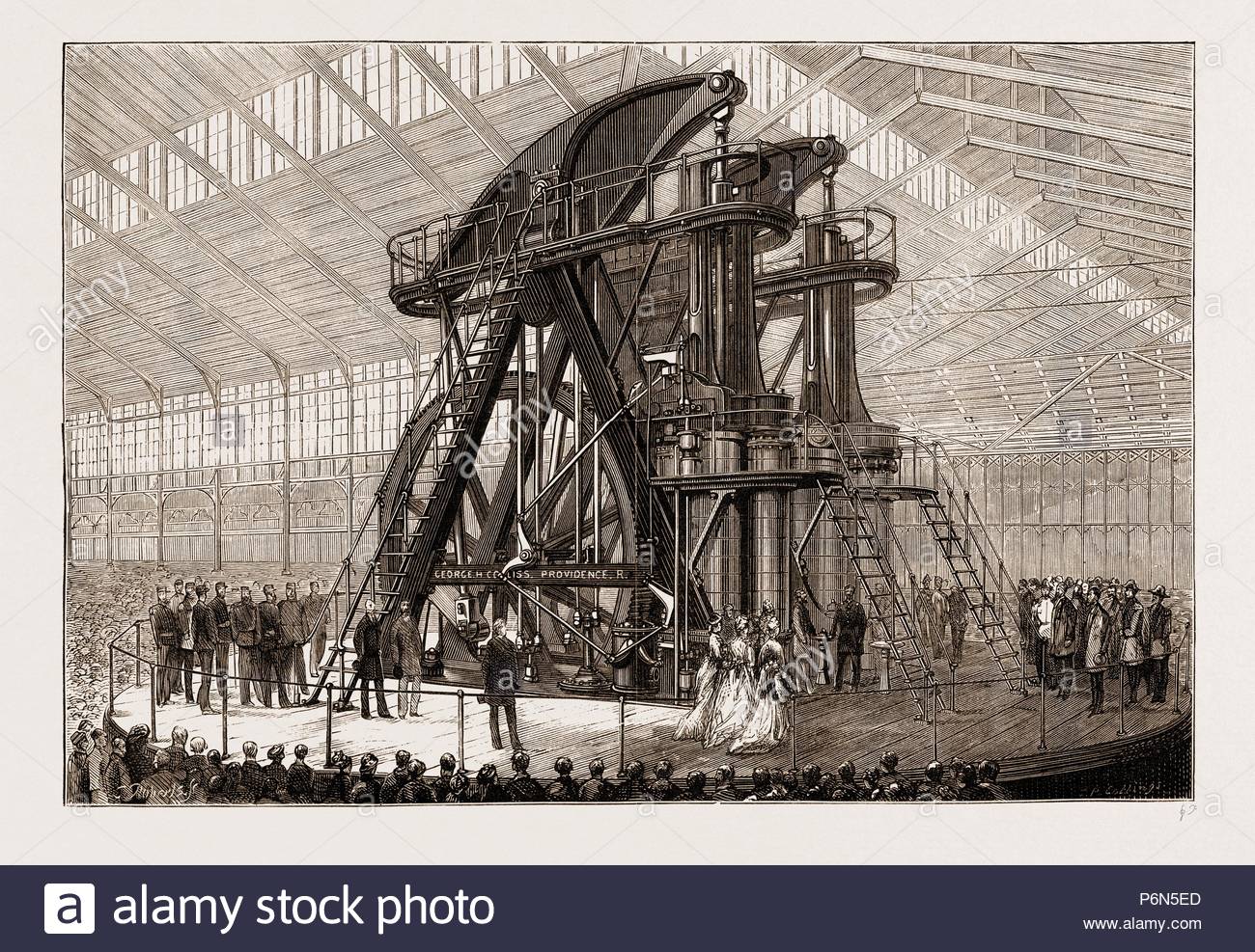 THE AMERICAN CENTENNIAL EXHIBITION, 1876: PRESIDENT GRANT AND THE EMPEROR OF BRAZIL STARTING THE "CORLISS" ENGINE IN THE MACHINERY HALL, US, U.S., USA, ...