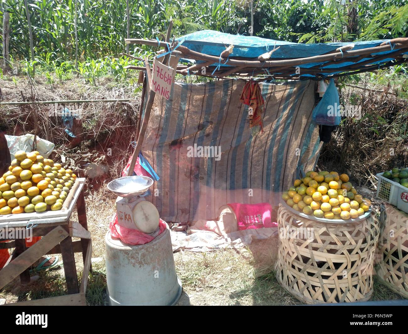 Roadside sale in South East Asia, a developing nation; poor family surviving heat for money, takes shade in bamboo made shelter- tent &baskets around Stock Photo