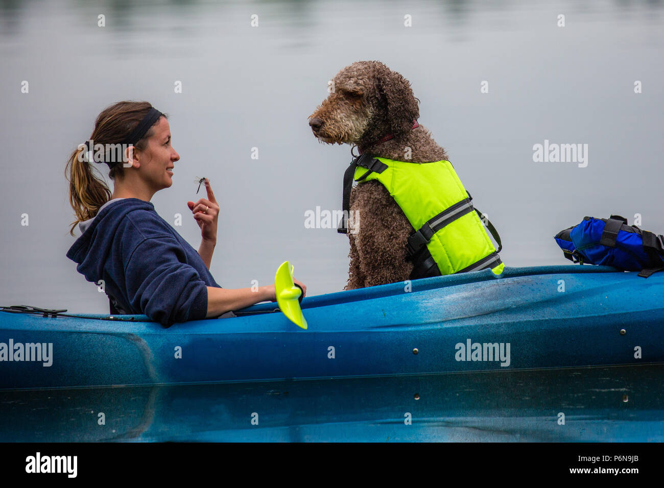 Girl and dog in kayak with a dragonfly on her finger tip-.jpg Stock Photo -  Alamy