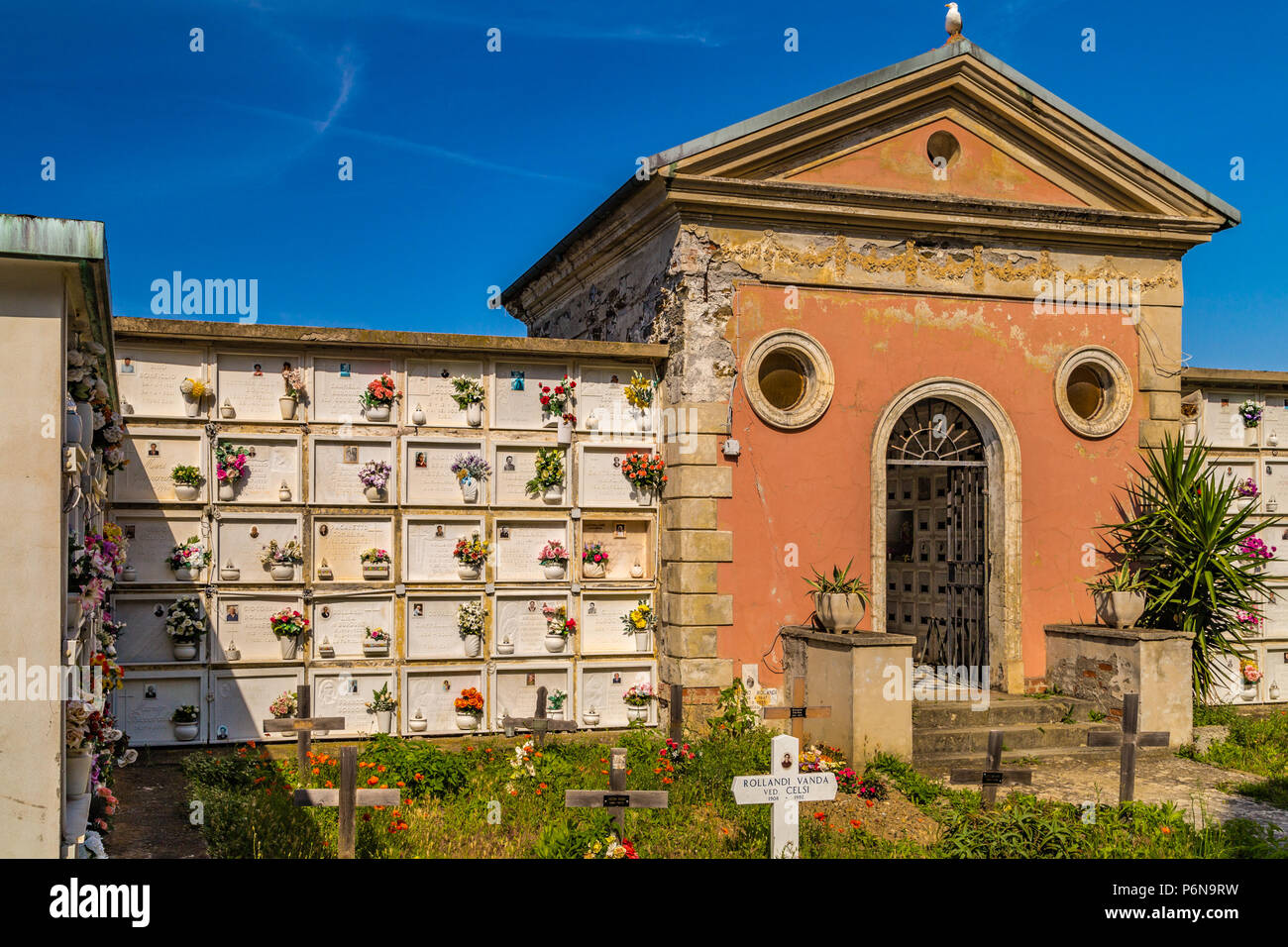 MANAROLA (SP), ITALY - JUNE 17, 2018: green weeds are infesting cemetery Stock Photo