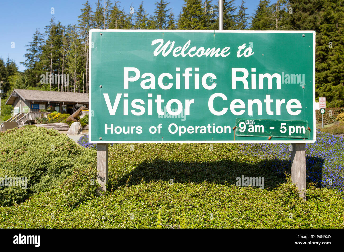 Pacific Rim Visitors Centre, Vancouver Island, British Columbia sign. Stock Photo