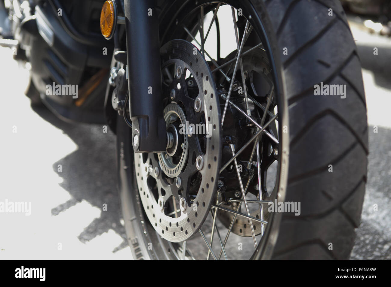 Motorbike close, wheel tire disk brake Stock Photo