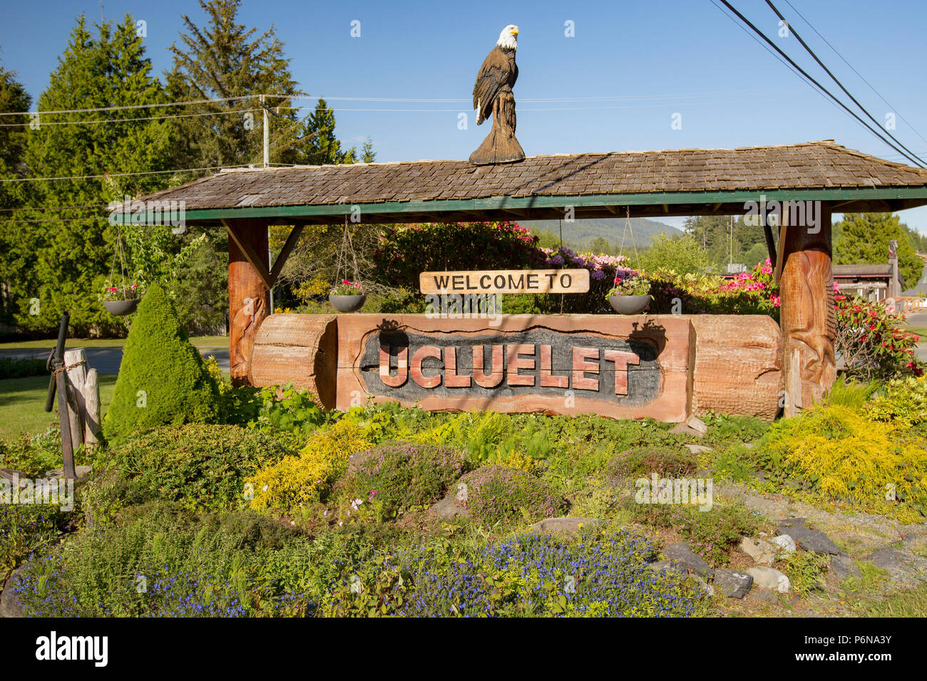 Ucluelet, Vancouver Island, British Columbia sign. Stock Photo