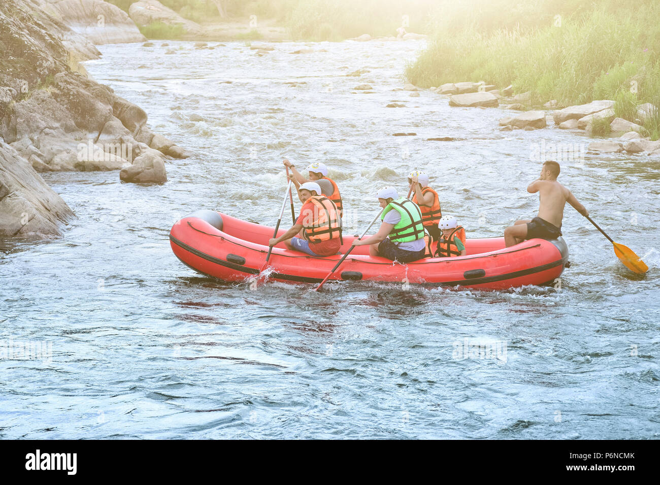 Ukraine Migea. 12 june 2018. Pivdenny Buh. A group of people makes rafting in the waters of the river. White water rafting Stock Photo