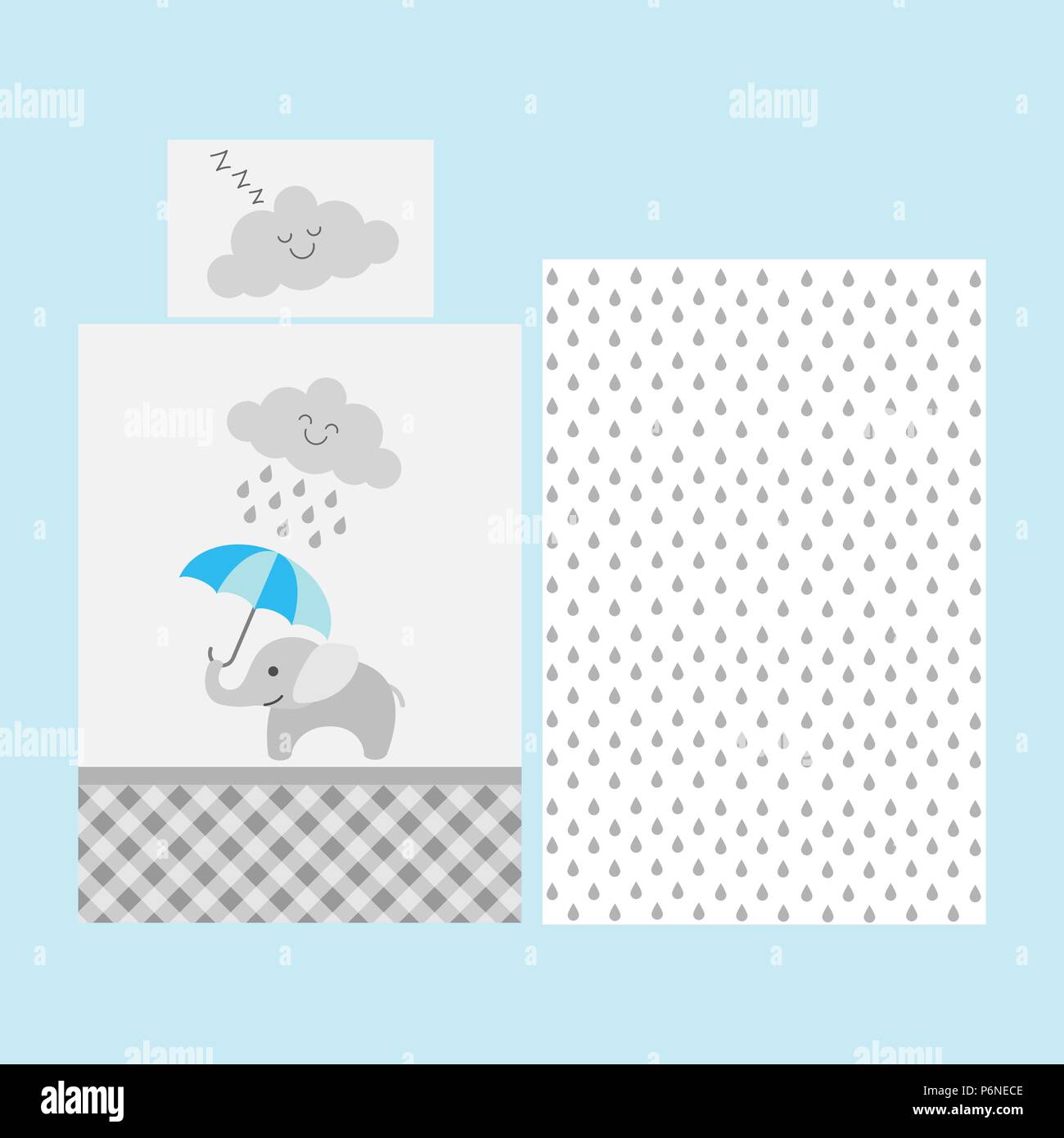 Cute baby bedsheet pattern - elephant with blue umbrella under rainy cloud Stock Vector