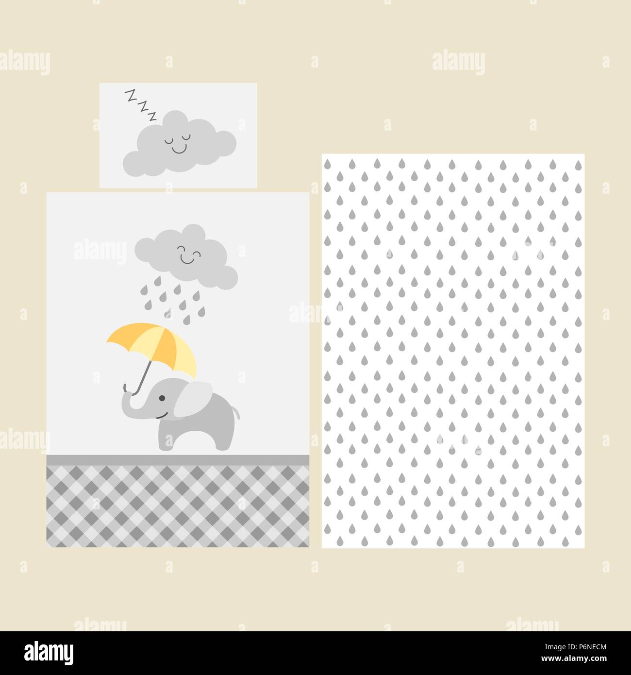 Cute baby bedsheet pattern - elephant with orange umbrella under rainy cloud Stock Vector