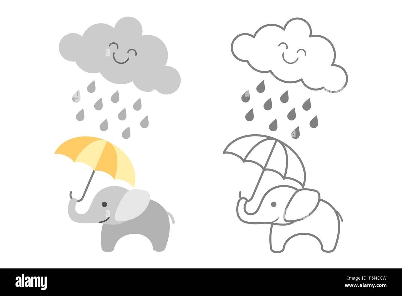 Cute baby elephant under rainy cloud - filled and outlined Stock Vector