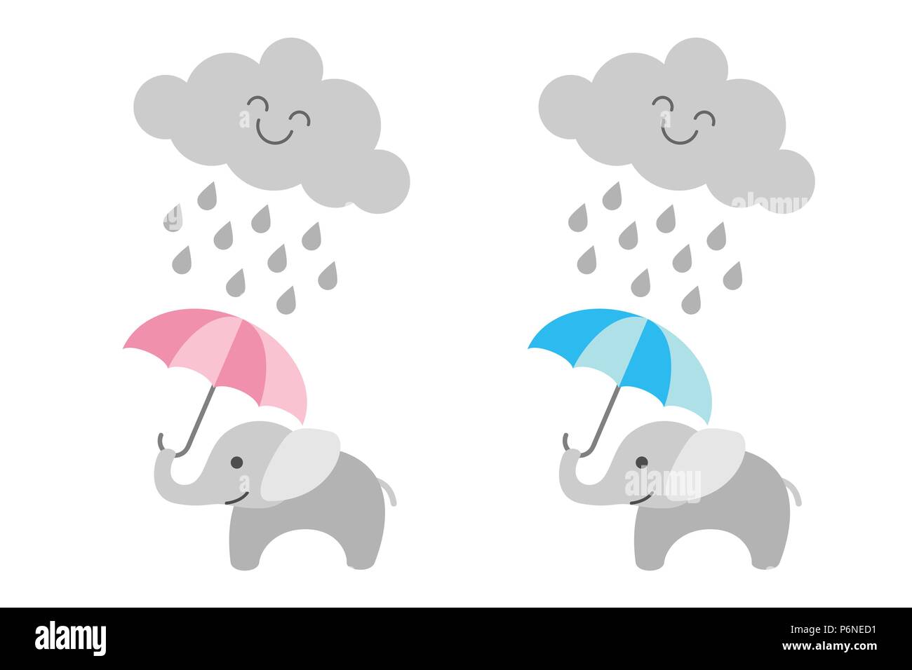 Cute baby elephant under rainy cloud - girl and boy Stock Vector