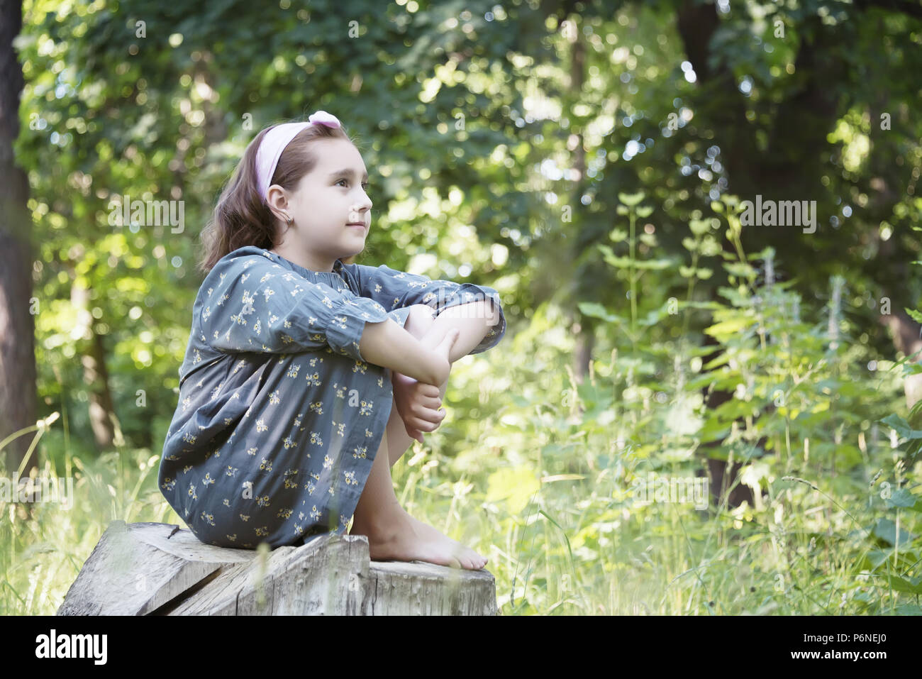 little girl is sitting on a stump in the forest, a lost child portrait ...