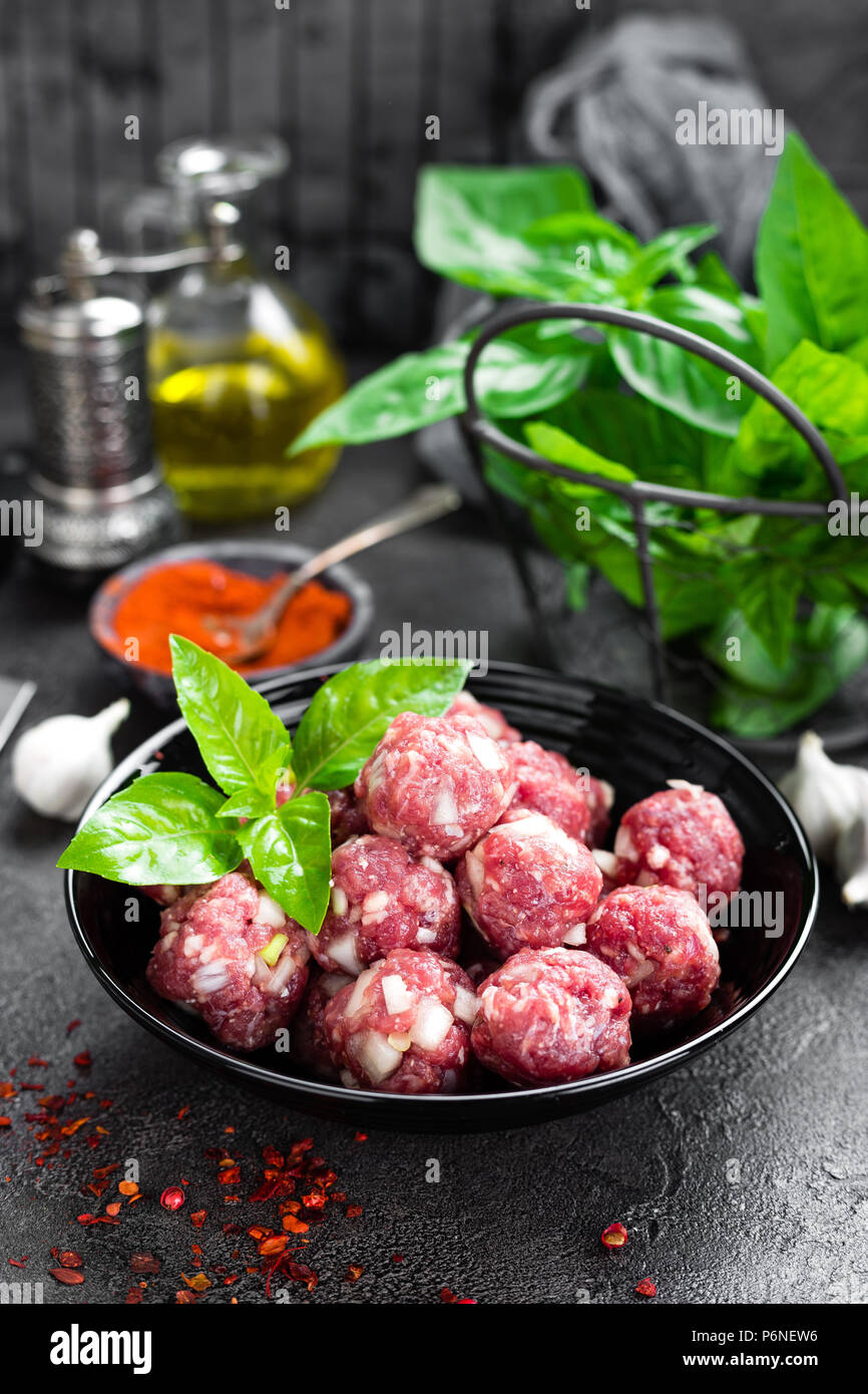 Beef meatballs. Cooking raw beef meatballs Stock Photo