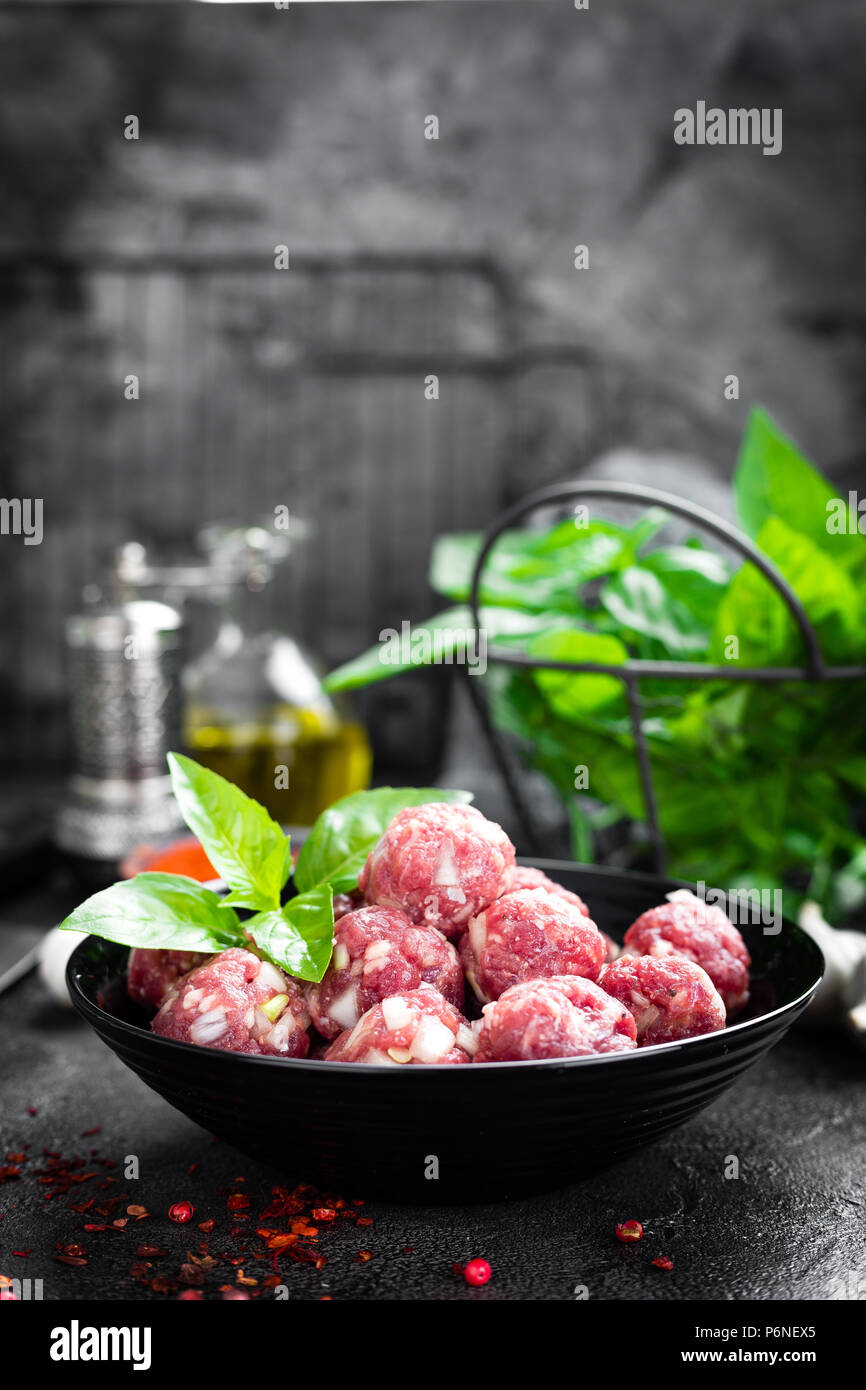 Beef meatballs. Cooking raw beef meatballs Stock Photo