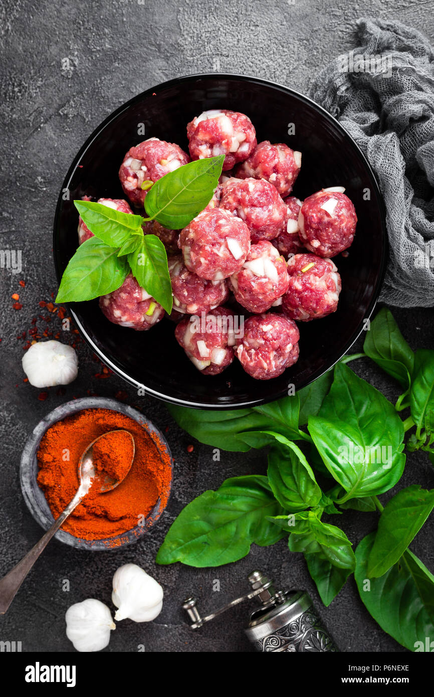 Beef meatballs. Cooking raw beef meatballs Stock Photo