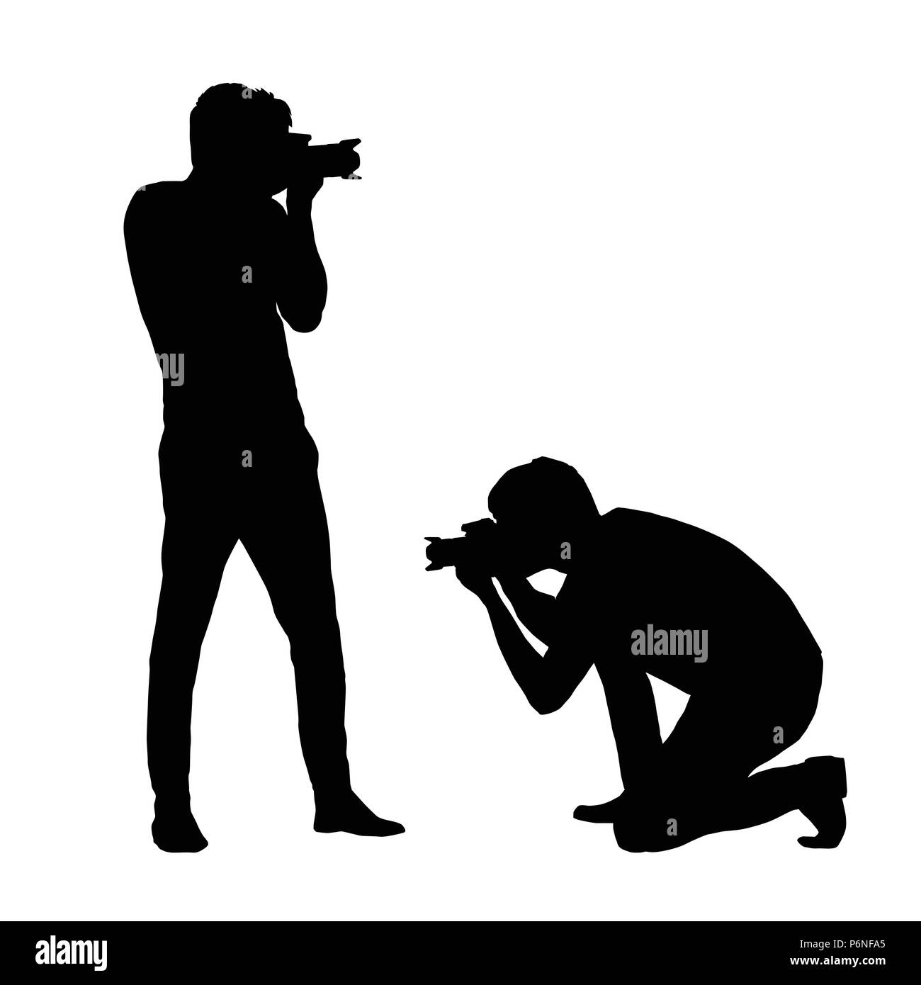 Set silhouettes man photographing with a camera isolated on white background vectorSet silhouettes man photographing with a camera isolated on white b Stock Vector