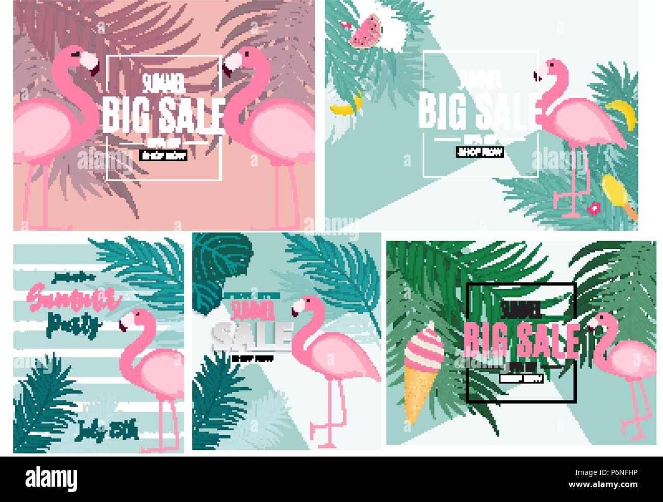Abstract Summer Sale Background with Palm Leaves and Flamingo ...