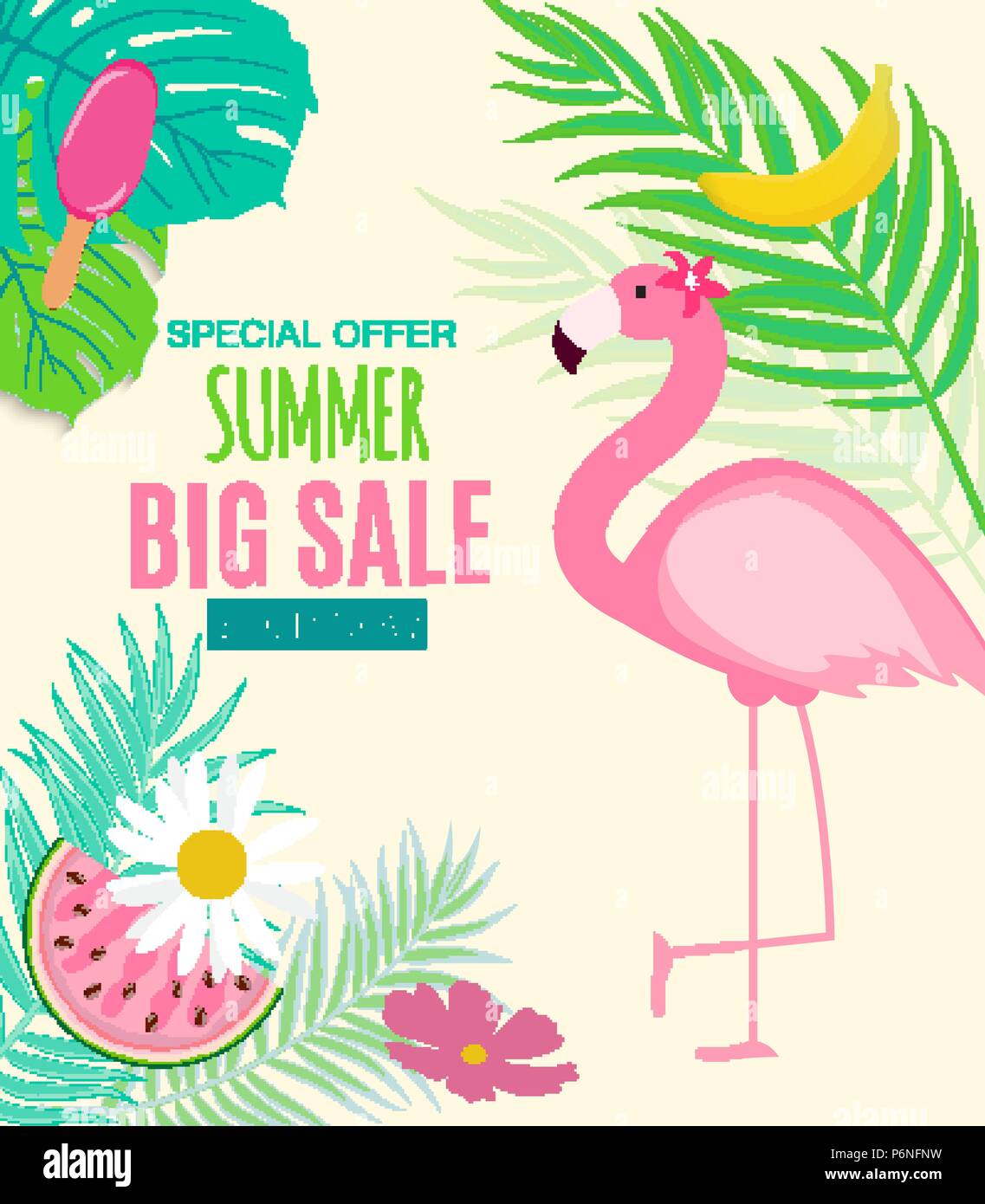 Abstract Summer Sale Background with Palm Leaves and Flamingo. Vector ...