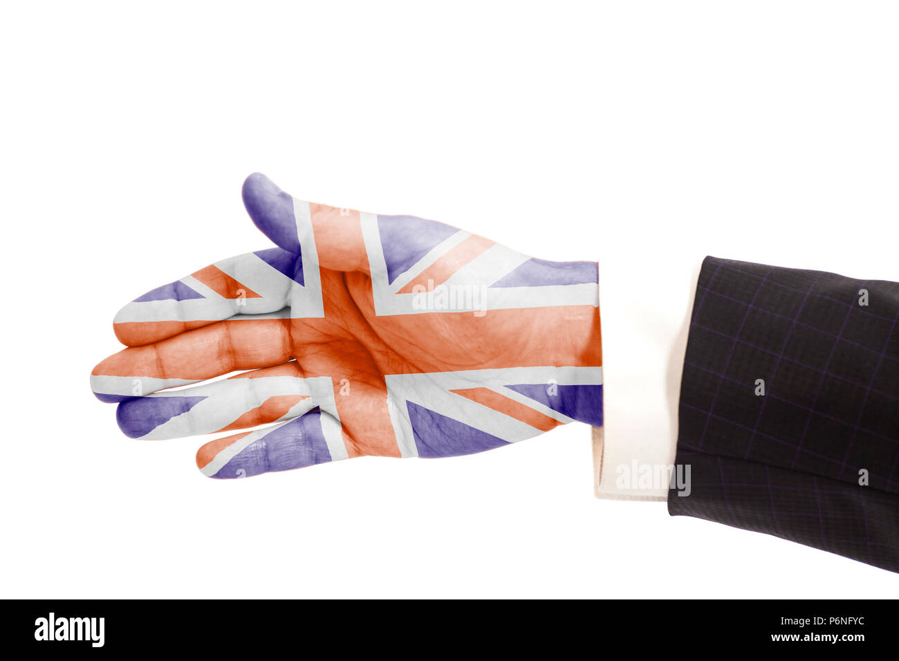 Handshake gesture businessman hand with British flag isolated on white