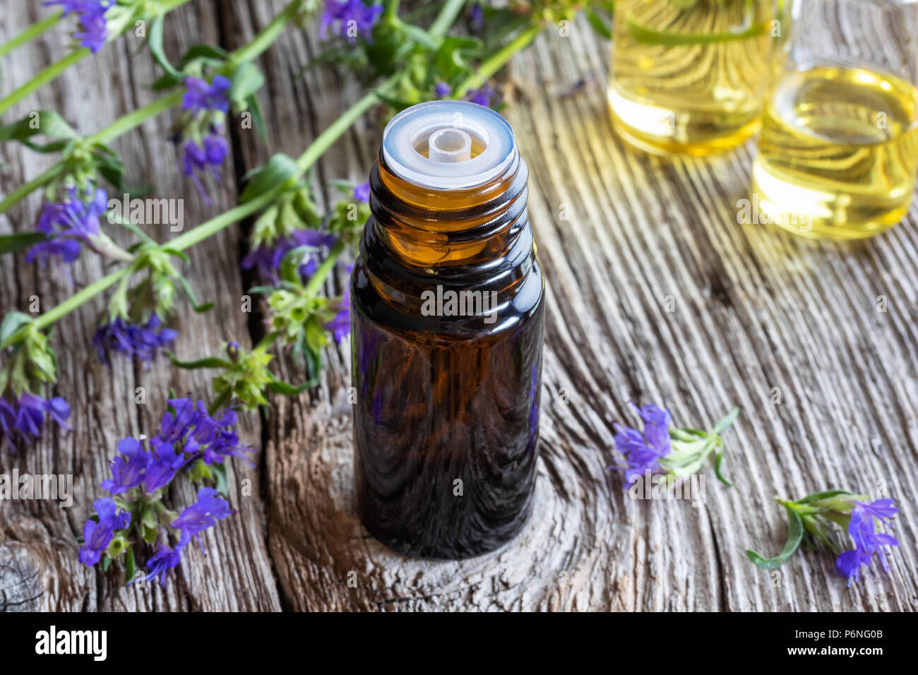 A bottle of essential oil with fresh blooming hyssop twigs Stock Photo ...