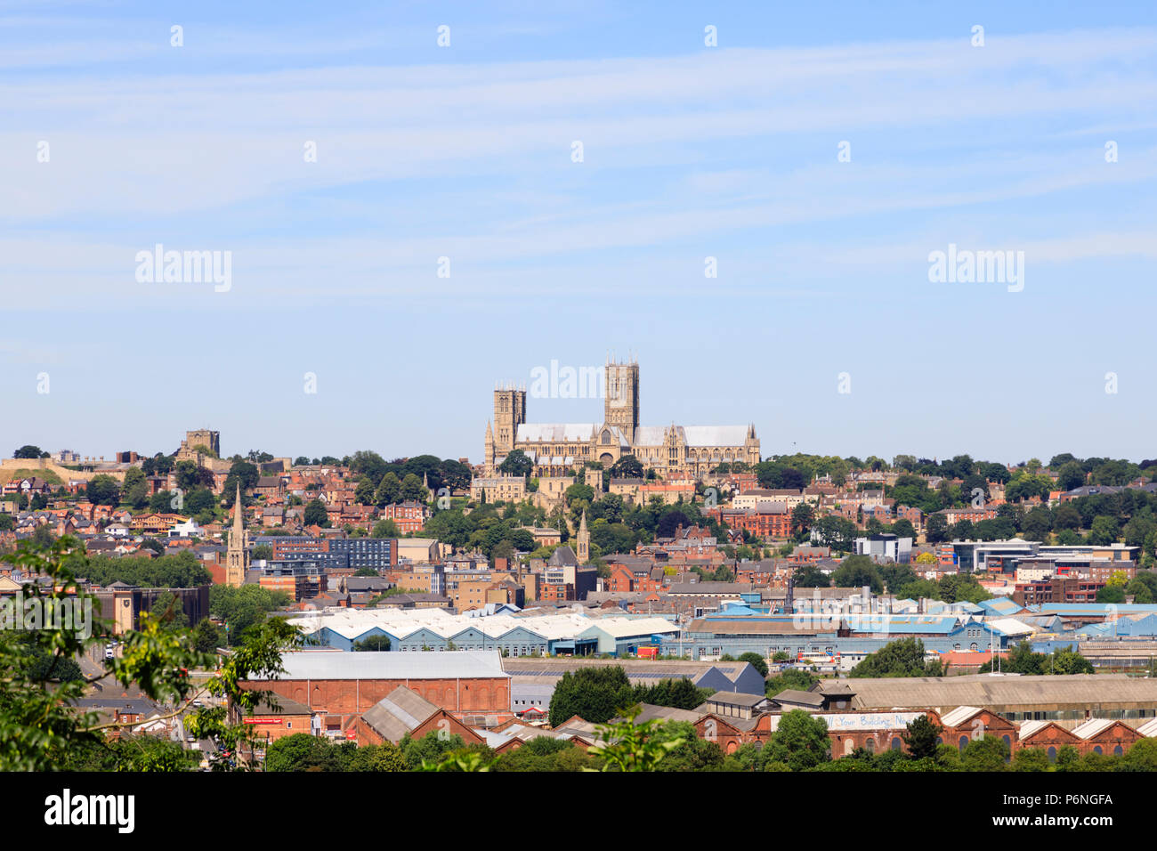 Lincoln skyline with cathedral and castle from Canwick Hill, Lincoln, Lincolnshire, England Stock Photo