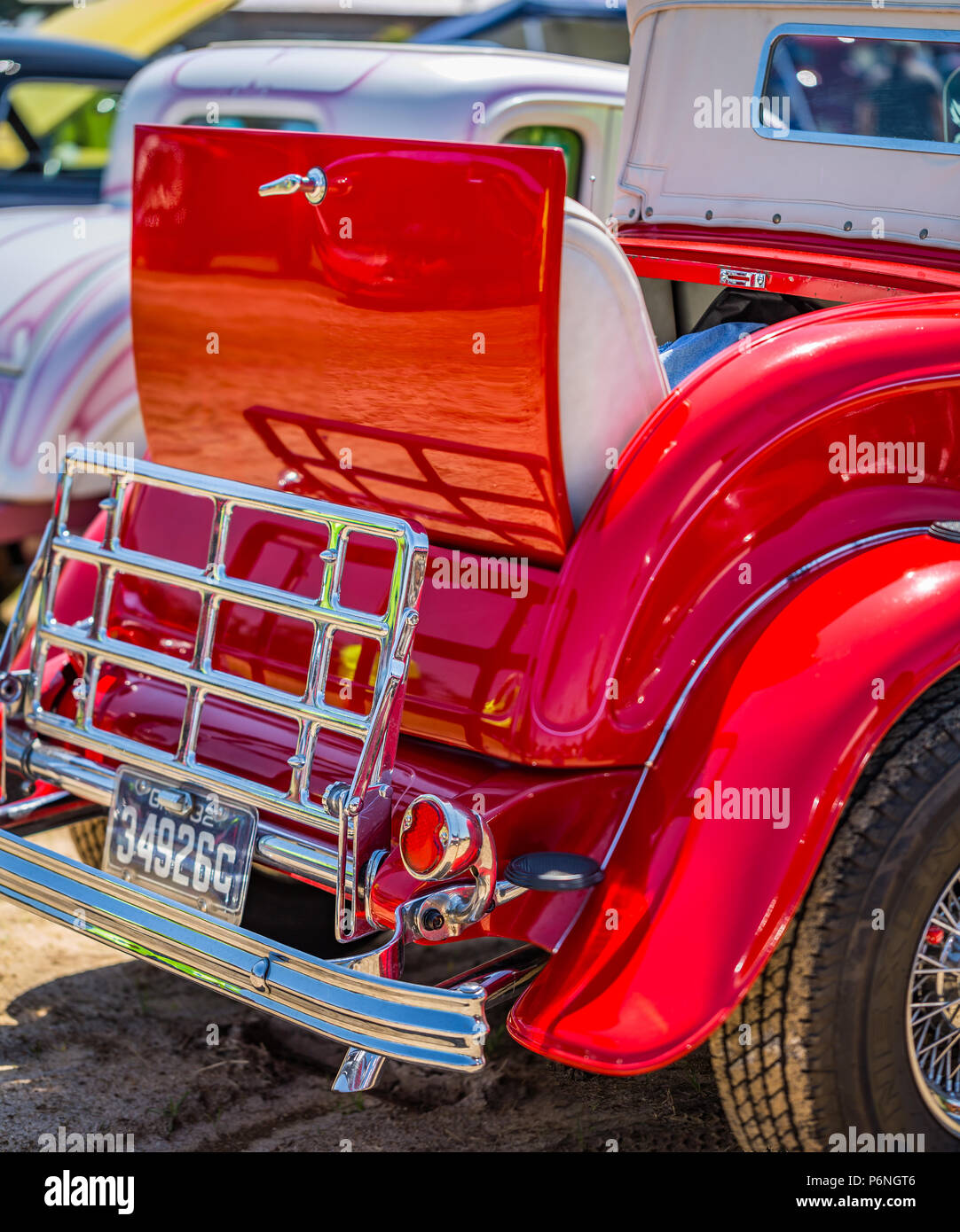 Rumble seat and luggage rack on a customized vintage automobile Stock