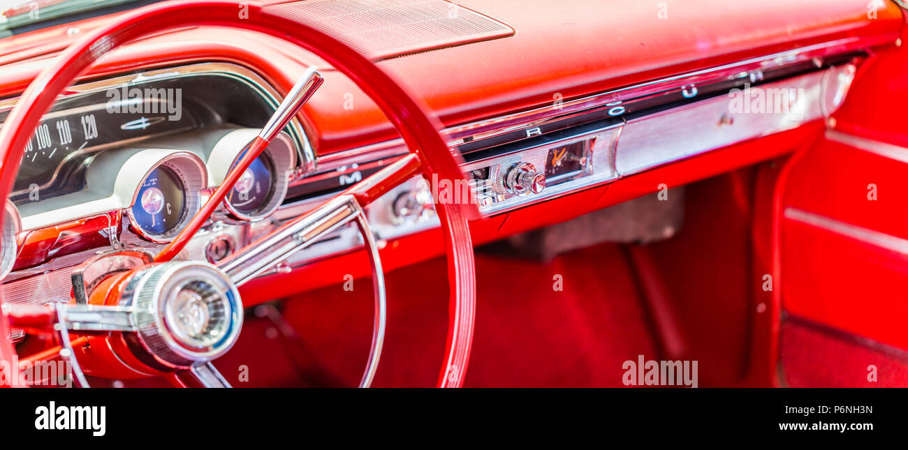 Shallow depth of field closeup of the dashboard and instrumentation details on a 1964 Mercury Montclair. Stock Photo