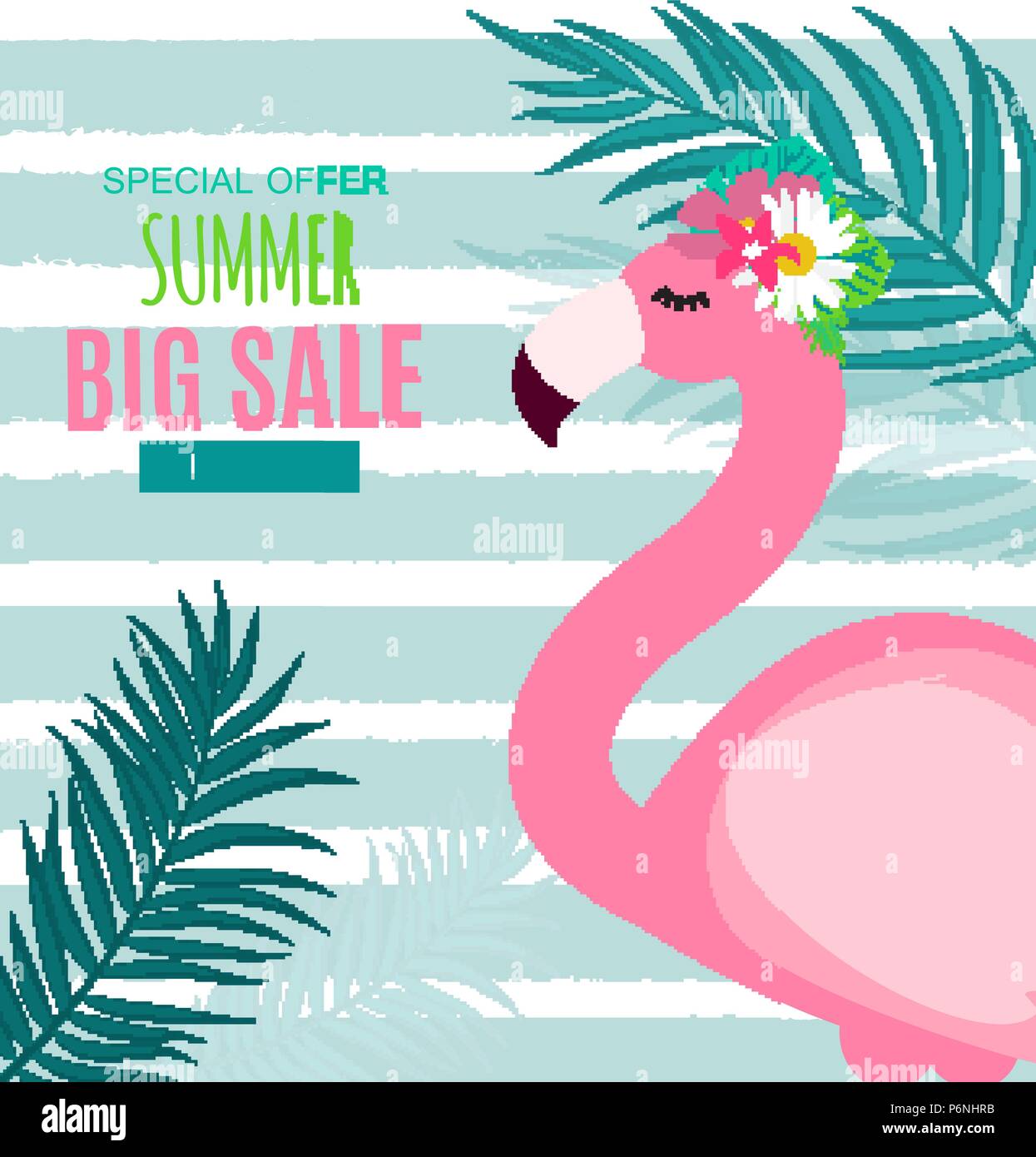 Abstract Summer Sale Background with Flamingo and Palm Leaves. Vector ...