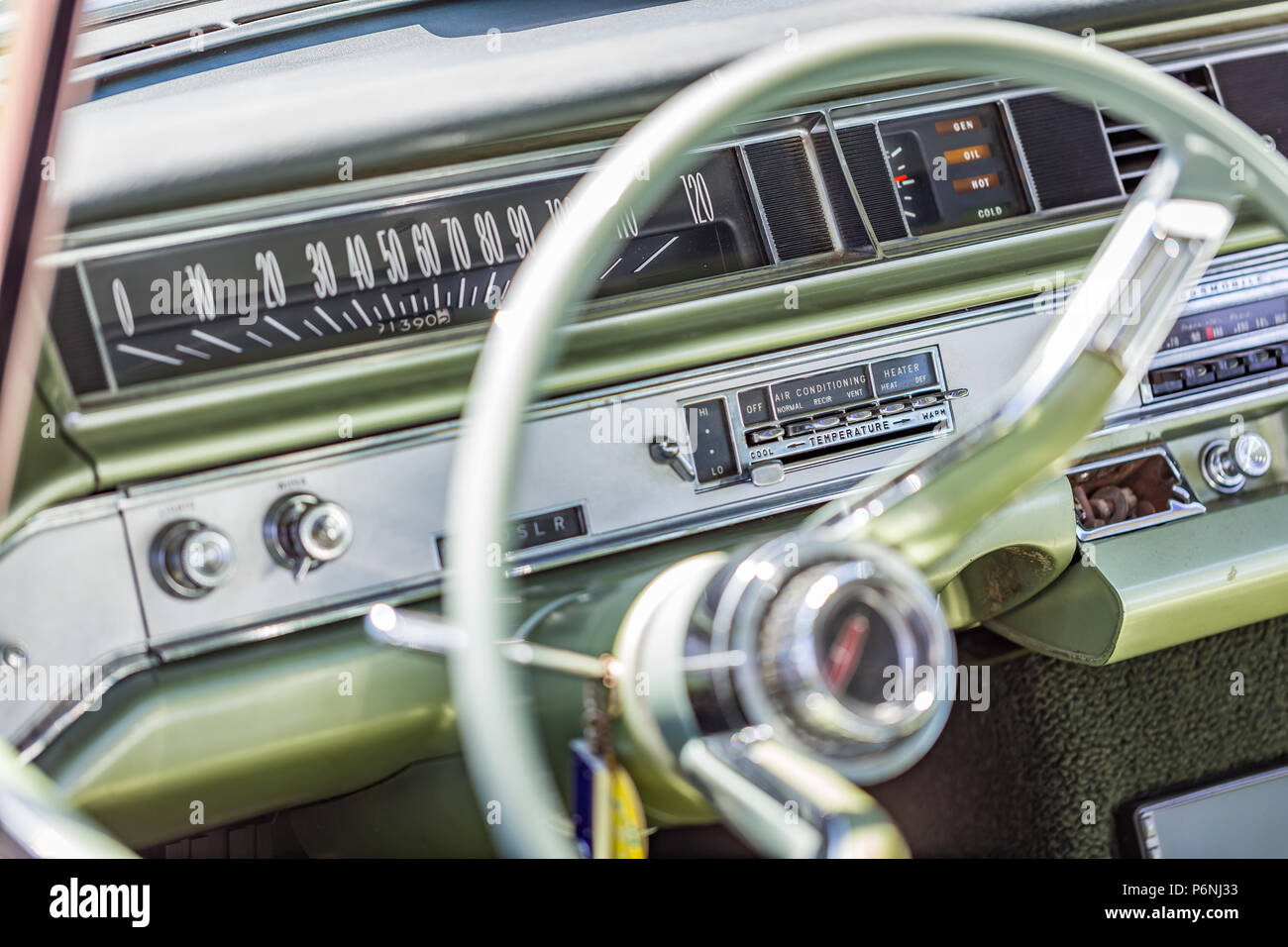 Shallow depth of field closeup of the dashboard and instrument details ...
