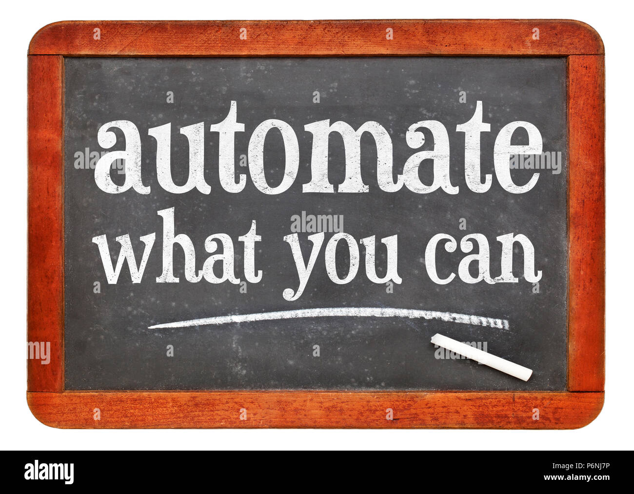 automate what you can advice - white chalk text on a vintage slate blackboard Stock Photo