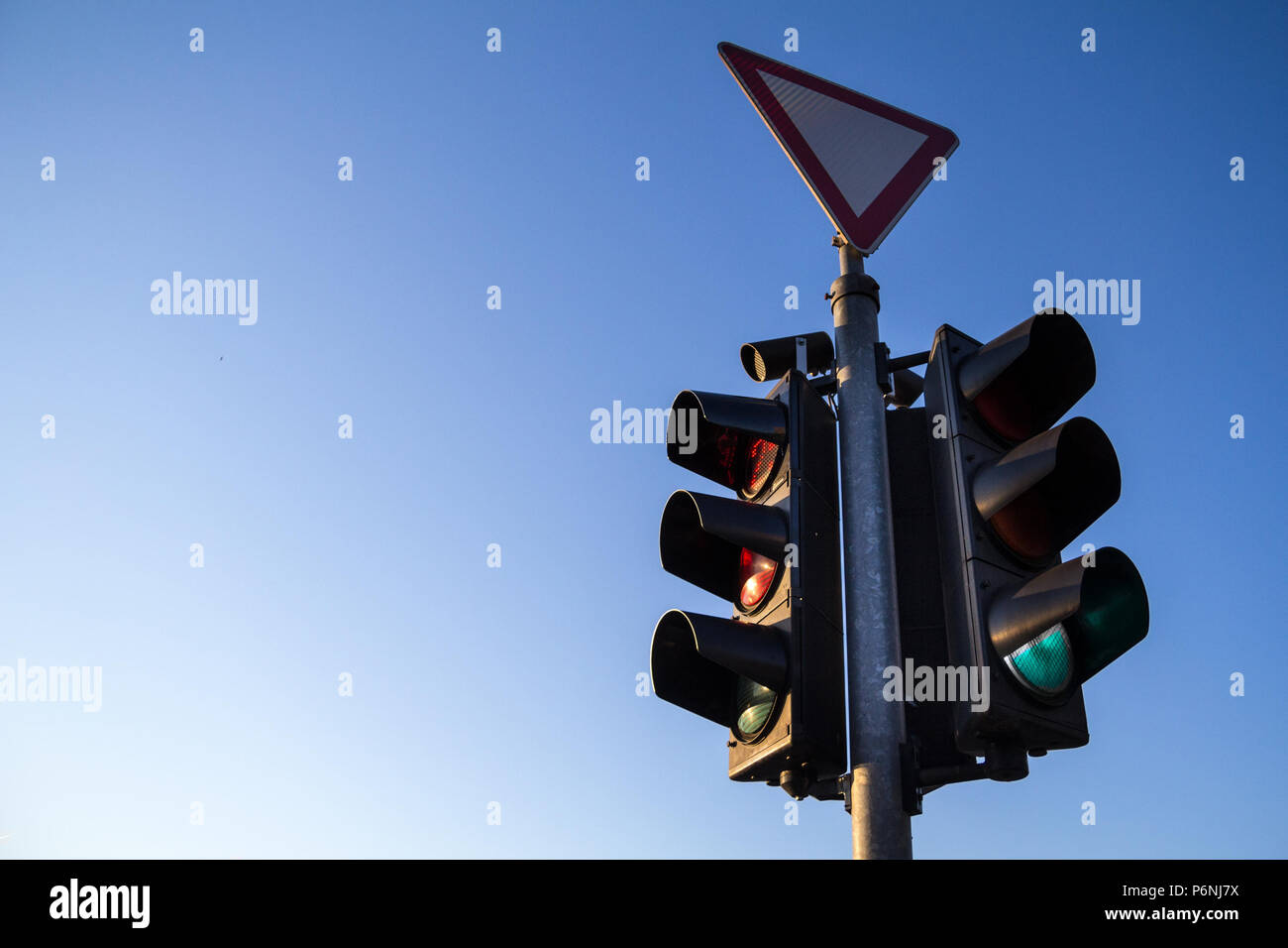 Traffic light abiding by European standard regulations taken at a