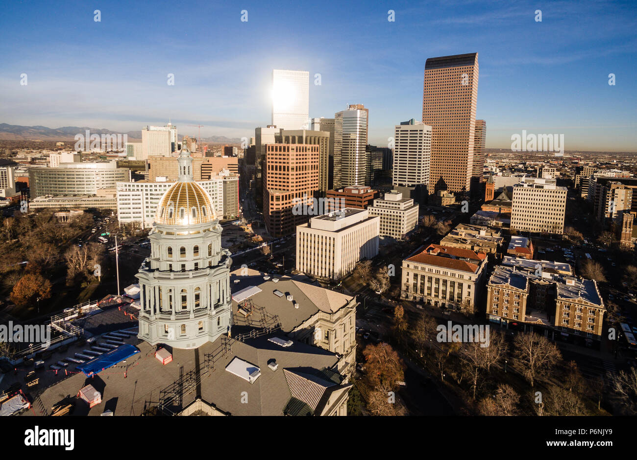 Blue skies and cold crisp temperatures exist on a winter day in Denver Colorado Stock Photo