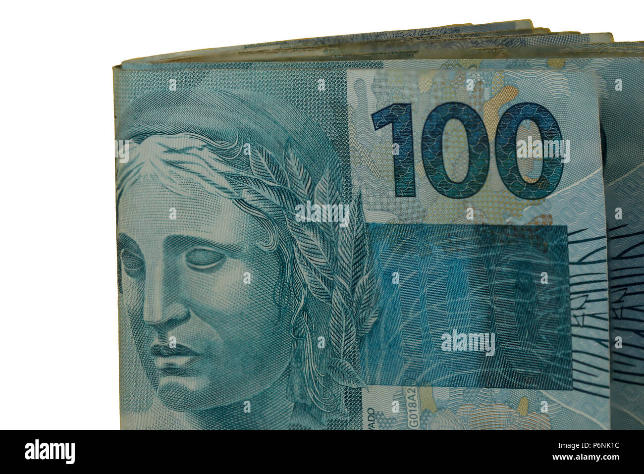 100 Real Money Notes from Brazil. Brazilian Money. Image of notes of Real, the official currency of Brazil since 1994. Notes of 100 Reais. Stock Photo