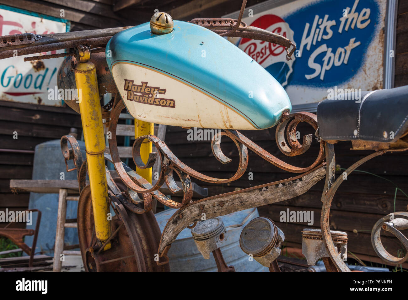 Vintage folk art Harley-Davidson motorcycle at Crazy Mule Arts & Antiques in Lula, Georgia, in the foothills of the Blue Ridge Mountains. (USA) Stock Photo