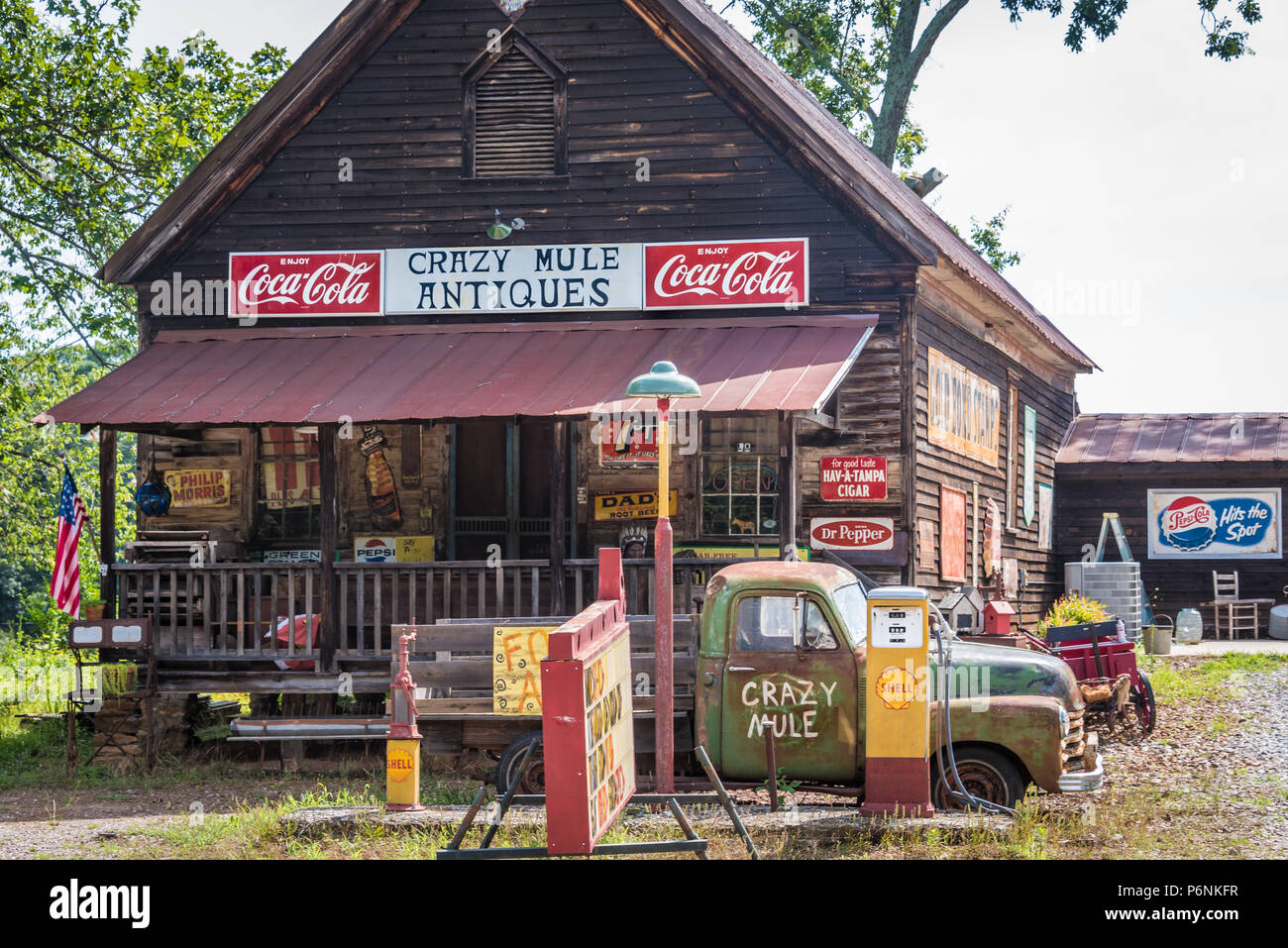 Crazy Mule Antiques, located in a 1909 Lula, Georgia general store building in the foothills of the Blue Ridge Mountains. (USA) Stock Photo