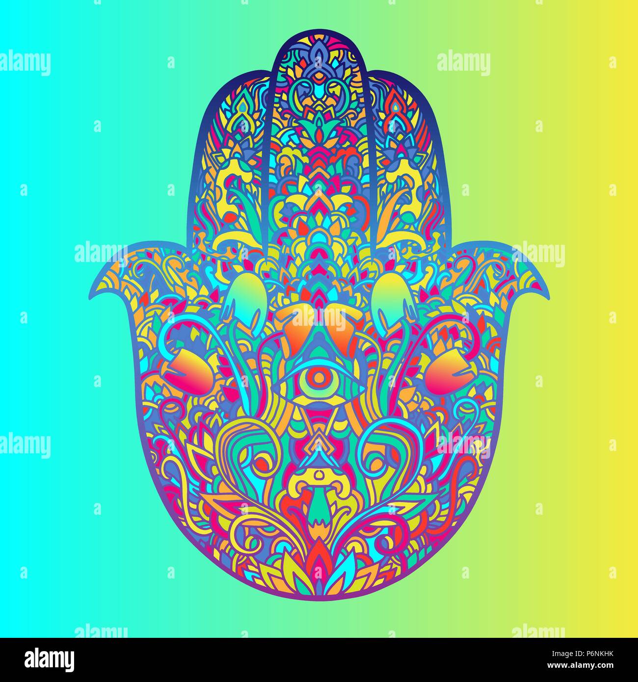 Hamsa symbol. Fatima hand pattern. Vector illustration. Indian mandala ornament. Asian authentic background. Stock Vector