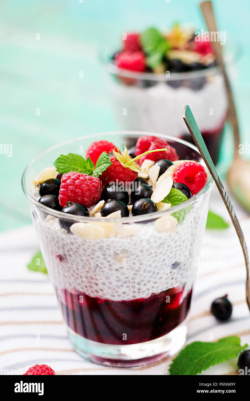 Detox and healthy superfoods breakfast in bowl. Vegan almond milk chia