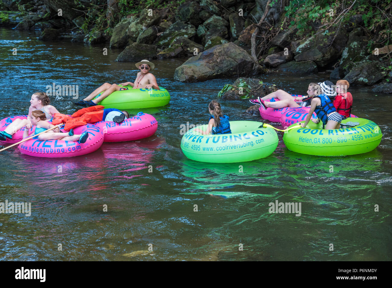 Family fun tubing on the Chattahoochee River in Helen, (USA